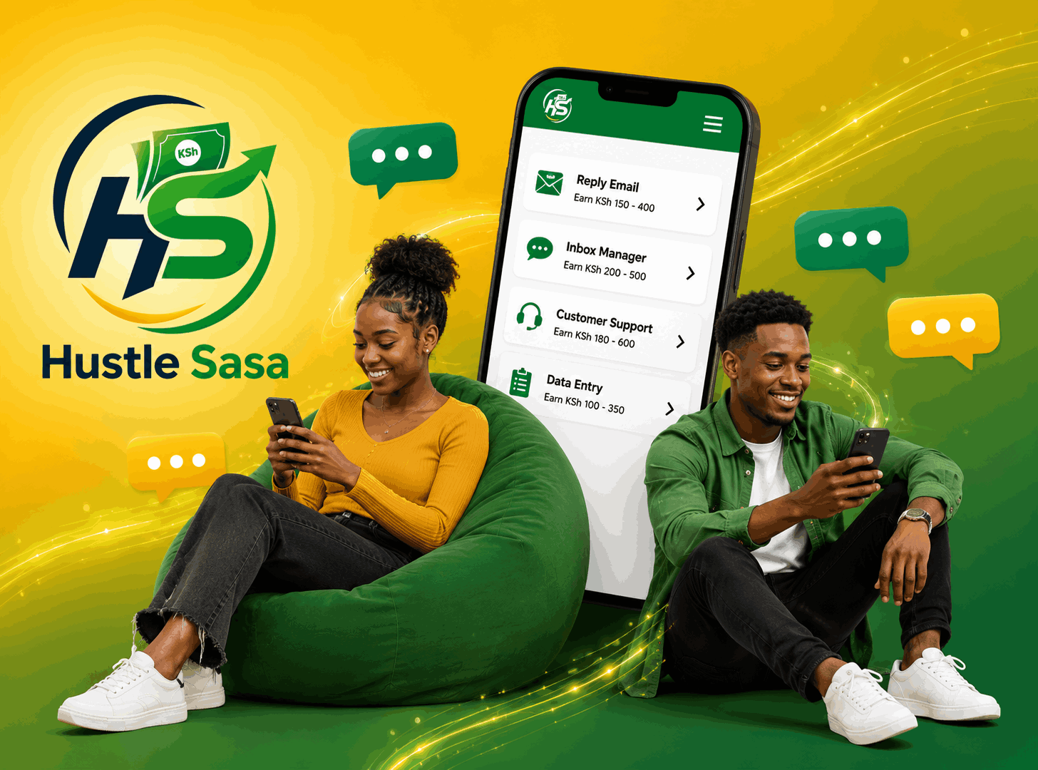 Two young Kenyan hustlers celebrating simple tasks and real income with Hustle Sasa